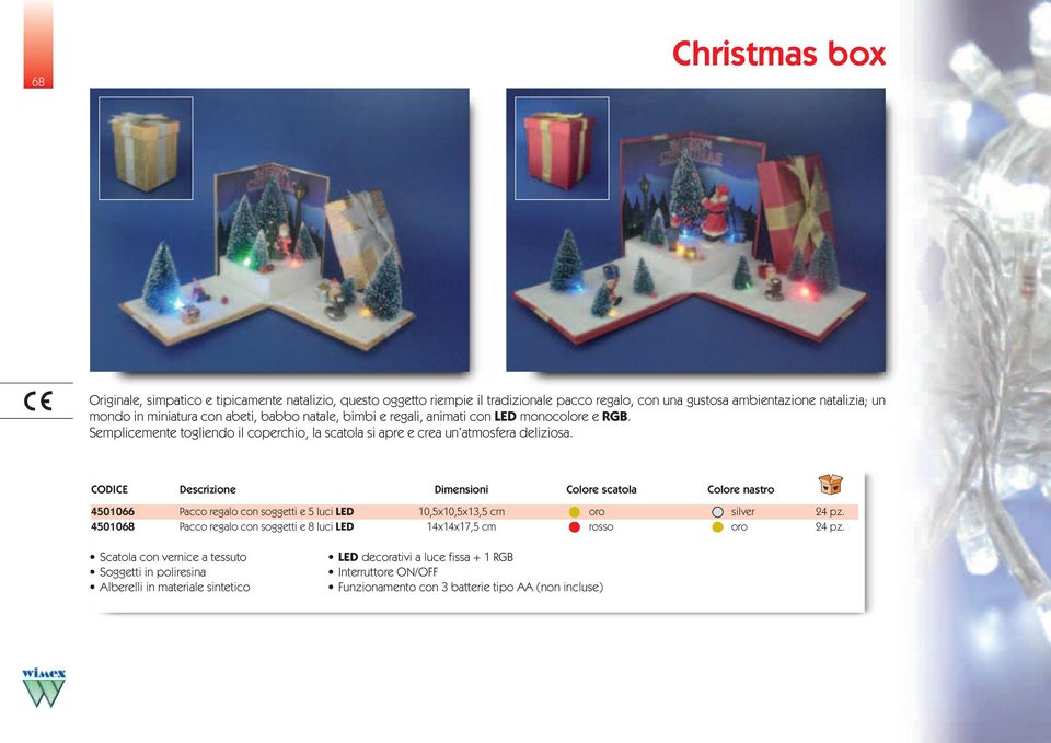 CODICE Descrizione Dimensioni Colore scatola Colore nastro 4501066 Pacco regalo con soggetti e 5 luci LED 10,5x10,5x13,5 cm oro silver 24 pz.