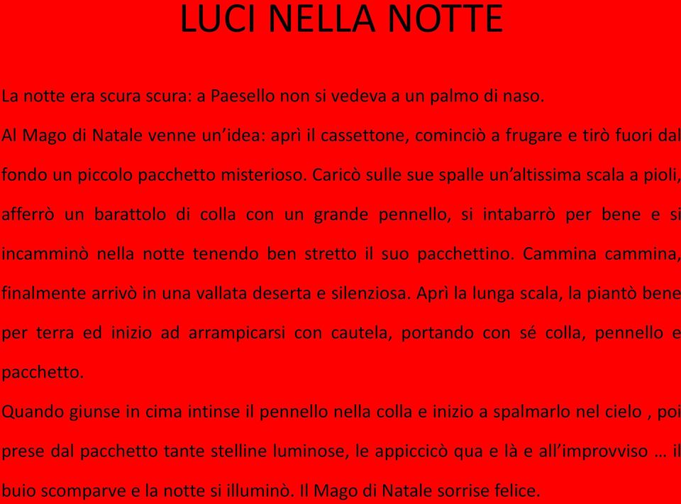 Caricò sulle sue spalle un altissima scala a pioli, afferrò un barattolo di colla con un grande pennello, si intabarrò per bene e si incamminò nella notte tenendo ben stretto il suo pacchettino.