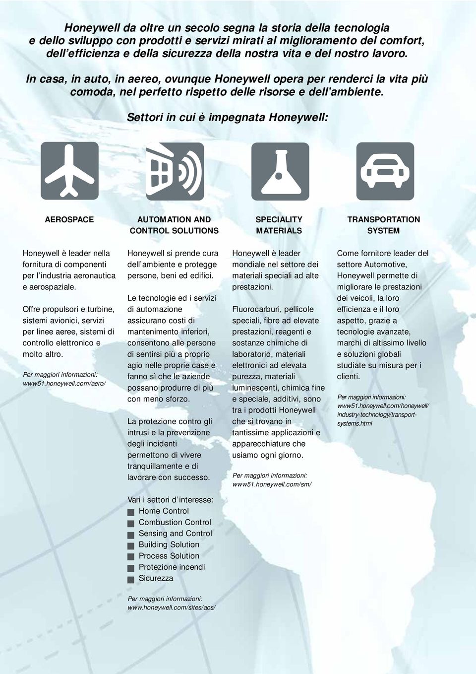 Settori in cui è impegnata Honeywell: AEROSPACE AUTOMATION AND CONTROL SOLUTIONS SPECIALITY MATERIALS TRANSPORTATION SYSTEM Honeywell è leader nella fornitura di componenti per l industria