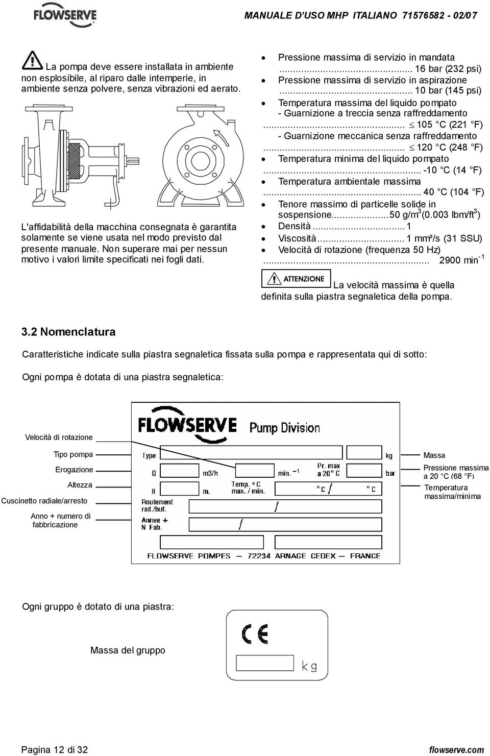 Pressione massima di servizio in mandata... 16 bar (232 psi) Pressione massima di servizio in aspirazione.