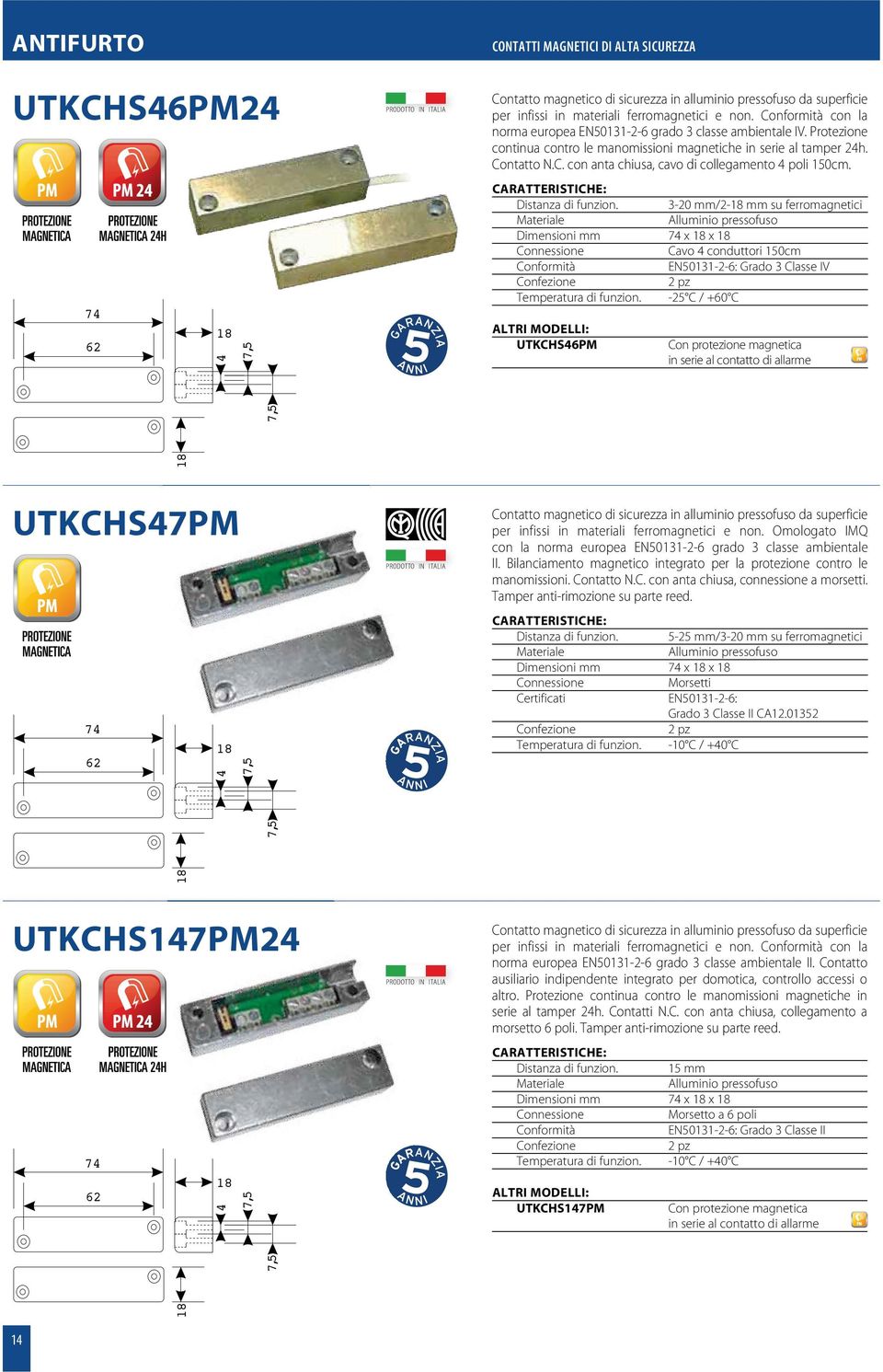 Distanza di funzion. 3-20 mm/2-18 mm su ferromagnetici Alluminio pressofuso mm 74 x 18 x 18 Connessione Cavo 4 conduttori 150cm Conformità EN50131-2-6: Grado 3 Classe IV 2 pz Temperatura di funzion.