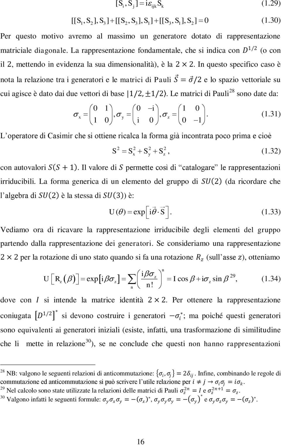 In questo specifico caso è nota la relazione tra i generatori e le matrici di Pauli S = ς/ e lo spazio vettoriale su cui agisce è dato dai due vettori di base 1/, ±1/.