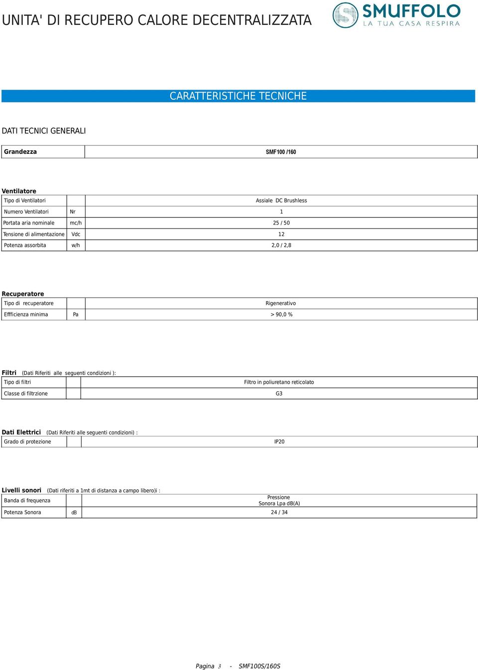 alle seguenti condizioni ): Tipo di filtri Filtro in poliuretano reticolato Classe di filtrzione G3 Dati Elettrici (Dati Riferiti alle seguenti condizioni) : Grado di