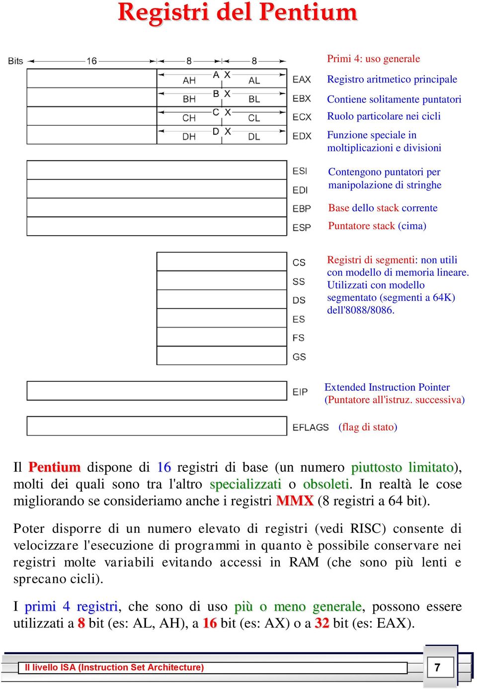 Utilizzati con modello segmentato (segmenti a 64K) dell'8088/8086. Extended Instruction Pointer (Puntatore all'istruz.