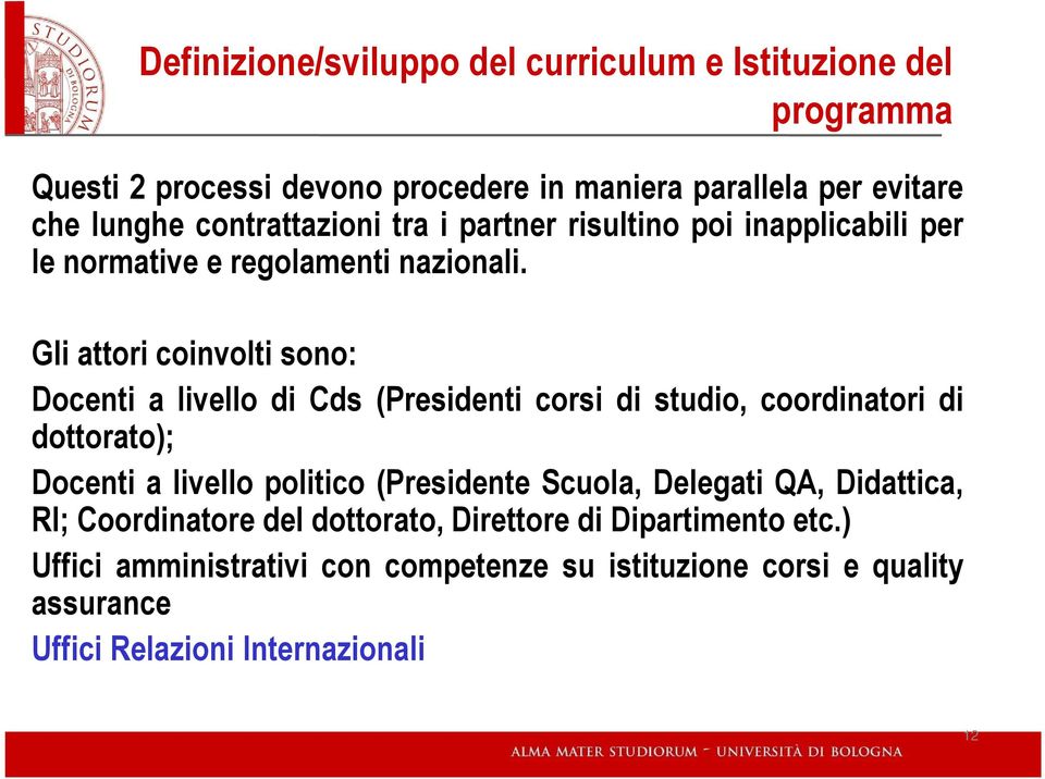 Gli attori coinvolti sono: Docenti a livello di Cds (Presidenti corsi di studio, coordinatori di dottorato); Docenti a livello politico (Presidente