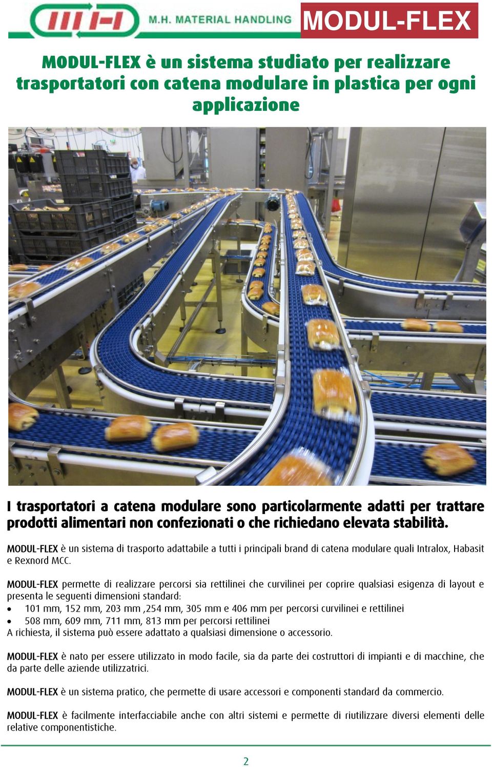 MODUL-FLEX permette di realizzare percorsi sia rettilinei che curvilinei per coprire qualsiasi esigenza di layout e presenta le seguenti dimensioni standard: 101 mm, 152 mm, 203 mm,254 mm, 305 mm e