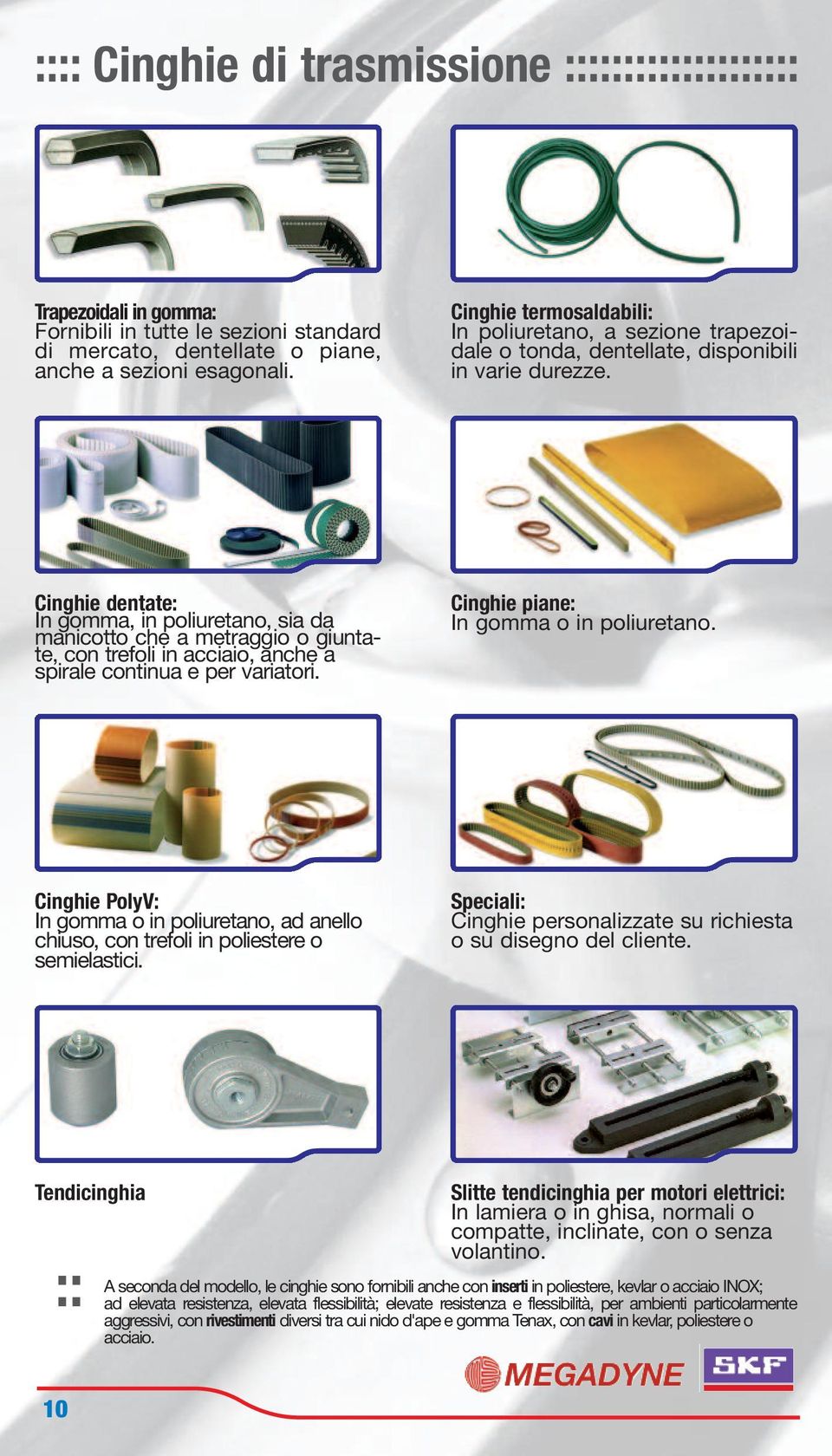 Cinghie dentate: In gomma, in poliuretano, sia da manicotto che a metraggio o giuntate, con trefoli in acciaio, anche a spirale continua e per variatori. Cinghie piane: In gomma o in poliuretano.