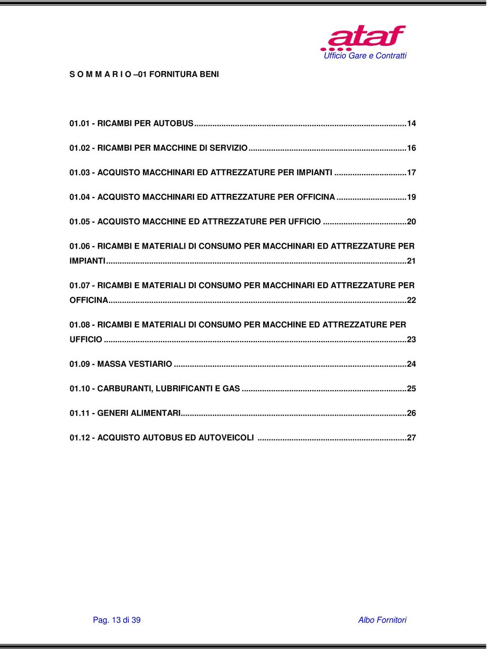 06 - RICAMBI E MATERIALI DI CONSUMO PER MACCHINARI ED ATTREZZATURE PER IMPIANTI...21 01.07 - RICAMBI E MATERIALI DI CONSUMO PER MACCHINARI ED ATTREZZATURE PER OFFICINA...22 01.