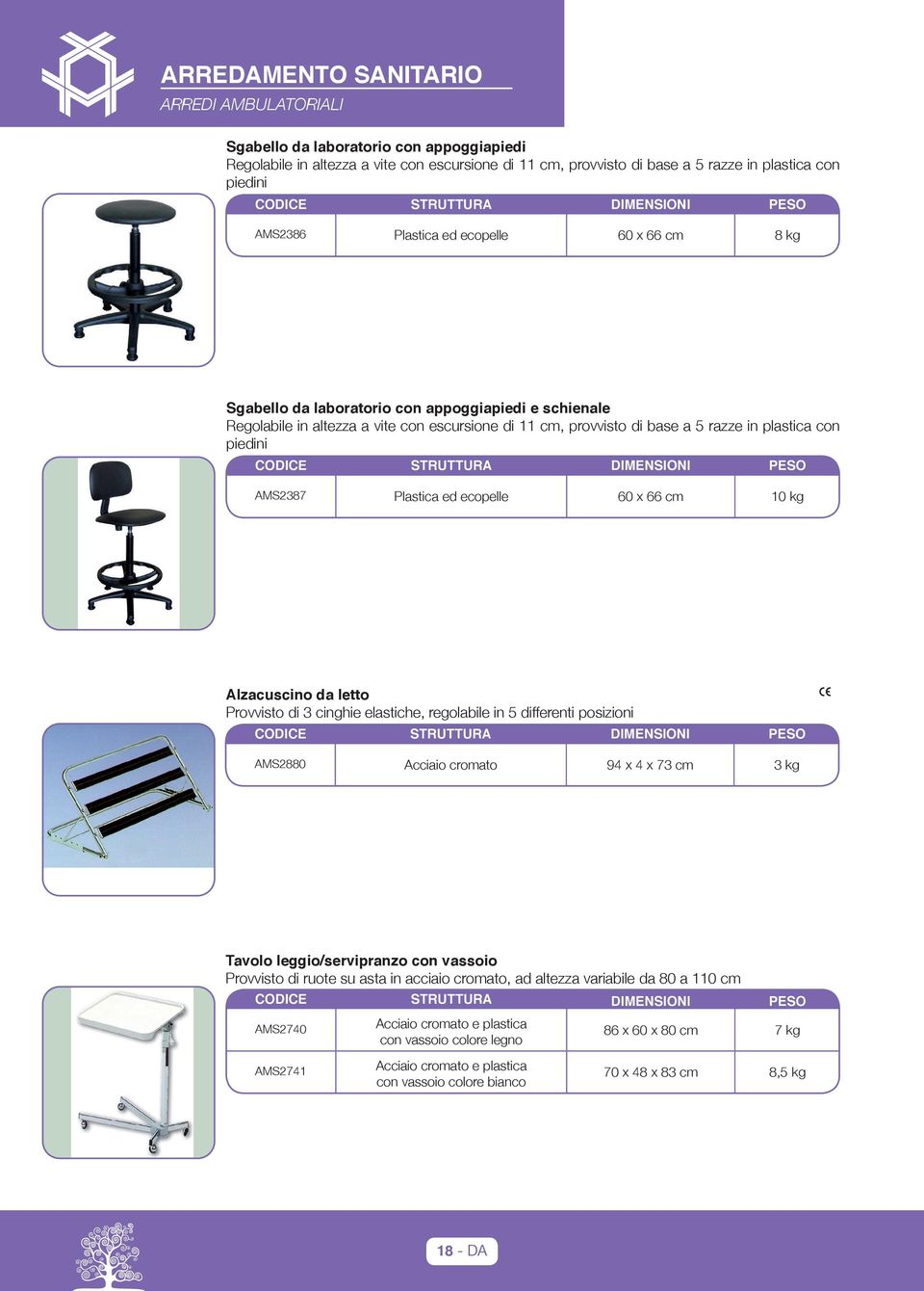 10 kg Alzacuscino da letto Provvisto di 3 cinghie elastiche, regolabile in 5 differenti posizioni STRUTTURA DIMENSIONI PESO AMS2880 Acciaio cromato 94 x 4 x 73 cm 3 kg Tavolo leggio/servipranzo con