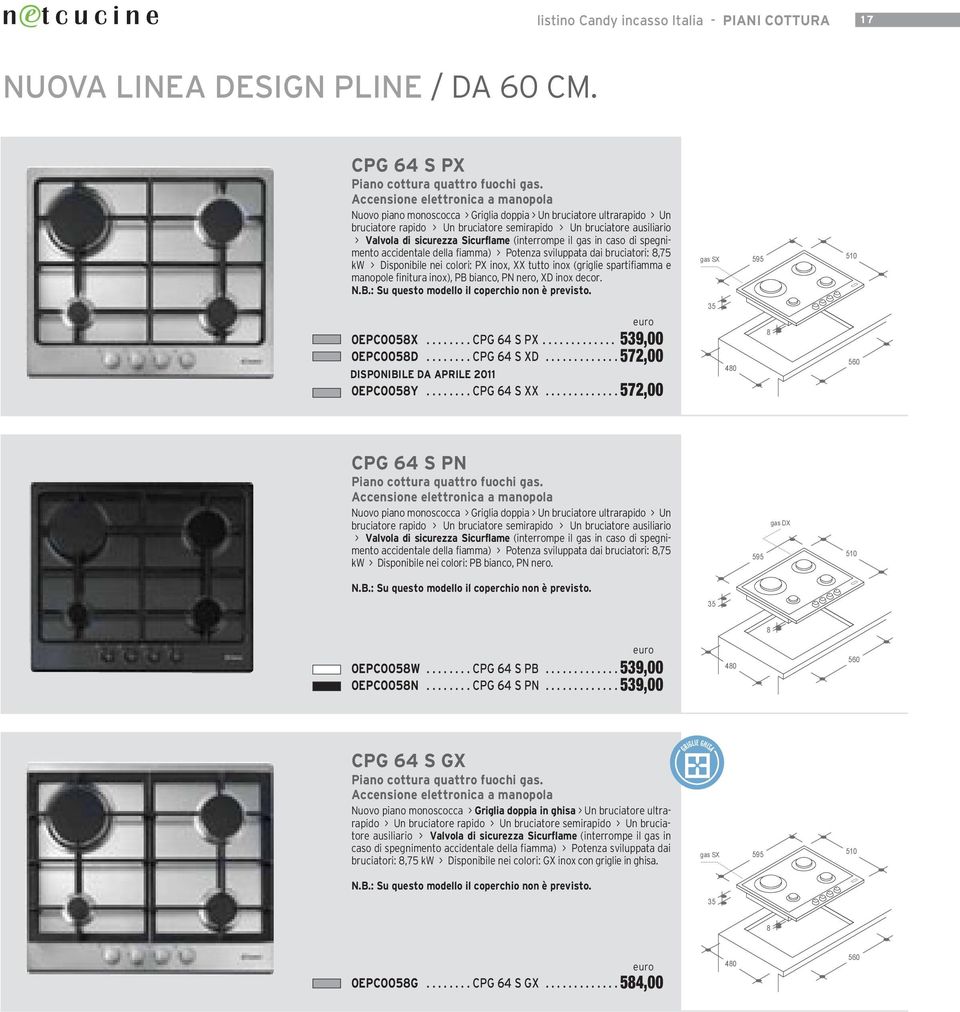 gas in caso di spegnimento accidentale della fiamma) > Potenza sviluppata dai bruciatori:,75 kw > Disponibile nei colori: PX inox, XX tutto inox (griglie spartifiamma e manopole finitura inox), PB