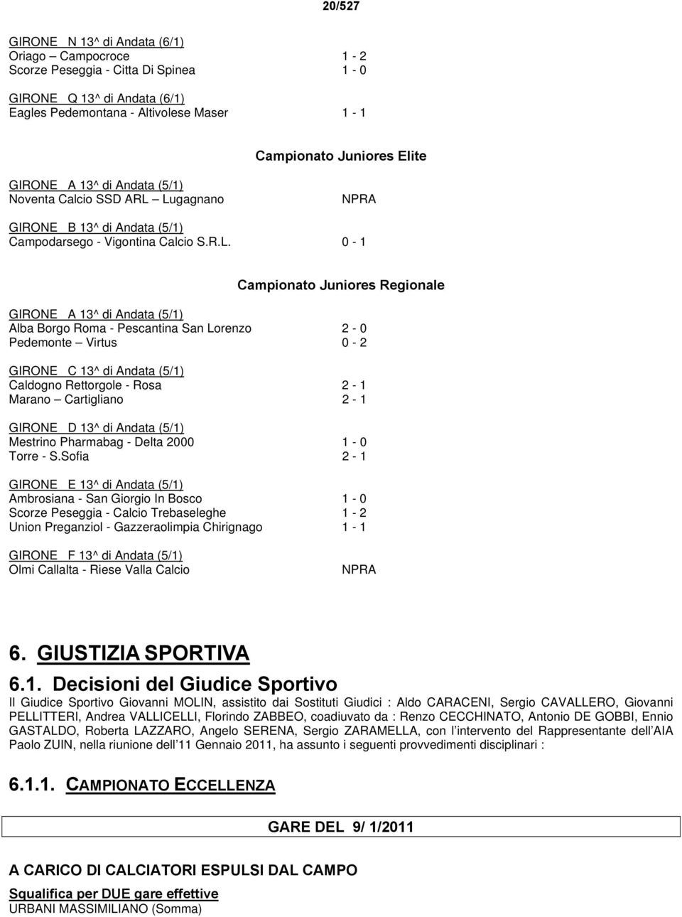 Lugagnano NPRA GIRONE B 13^ di Andata (5/1) Campodarsego - Vigontina Calcio S.R.L. 0-1 Campionato Juniores Regionale GIRONE A 13^ di Andata (5/1) Alba Borgo Roma - Pescantina San Lorenzo 2-0