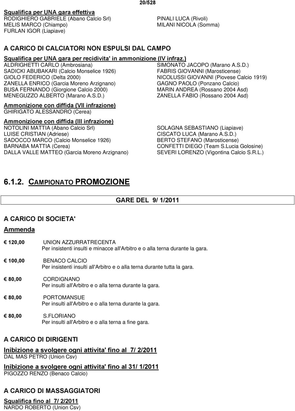 L CAMPO Squalifica per UNA gara per recidivita' in ammonizione (IV infraz.) ALDR