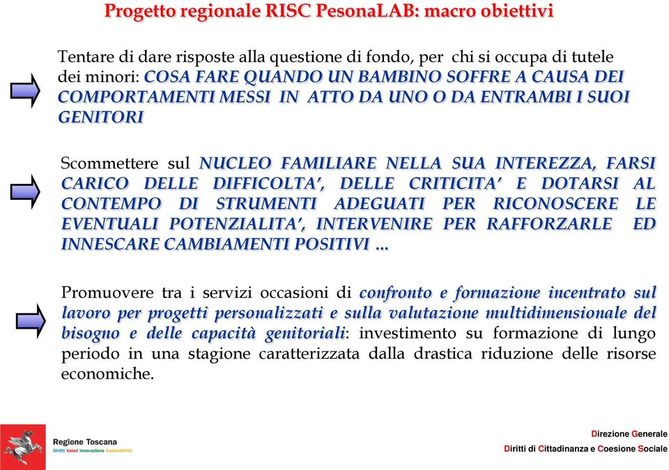 STRUMENTI ADEGUATI PER RICONOSCERE LE EVENTUALI POTENZIALITA, INTERVENIRE PER RAFFORZARLE ED INNESCARE CAMBIAMENTI POSITIVI Promuovere tra i servizi occasioni di confronto e formazione incentrato sul