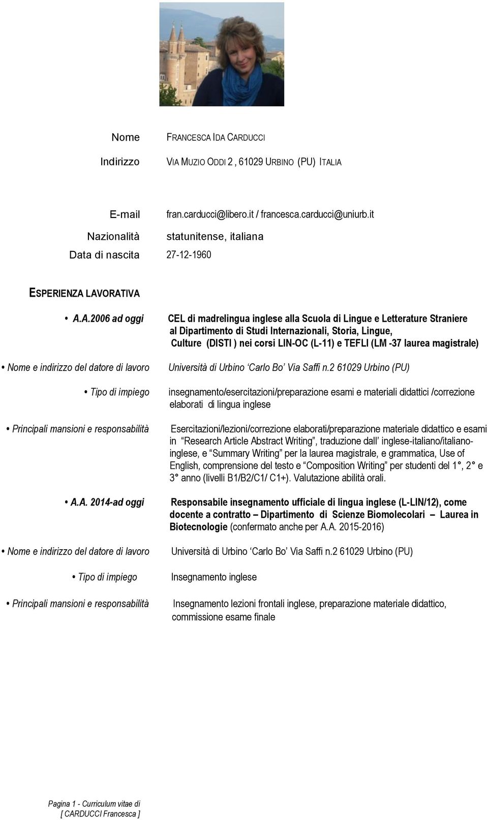 LAVORATIVA A.A.2006 ad oggi A.A. 2014-ad oggi CEL di madrelingua inglese alla Scuola di Lingue e Letterature Straniere al Dipartimento di Studi Internazionali, Storia, Lingue, Culture (DISTI ) nei