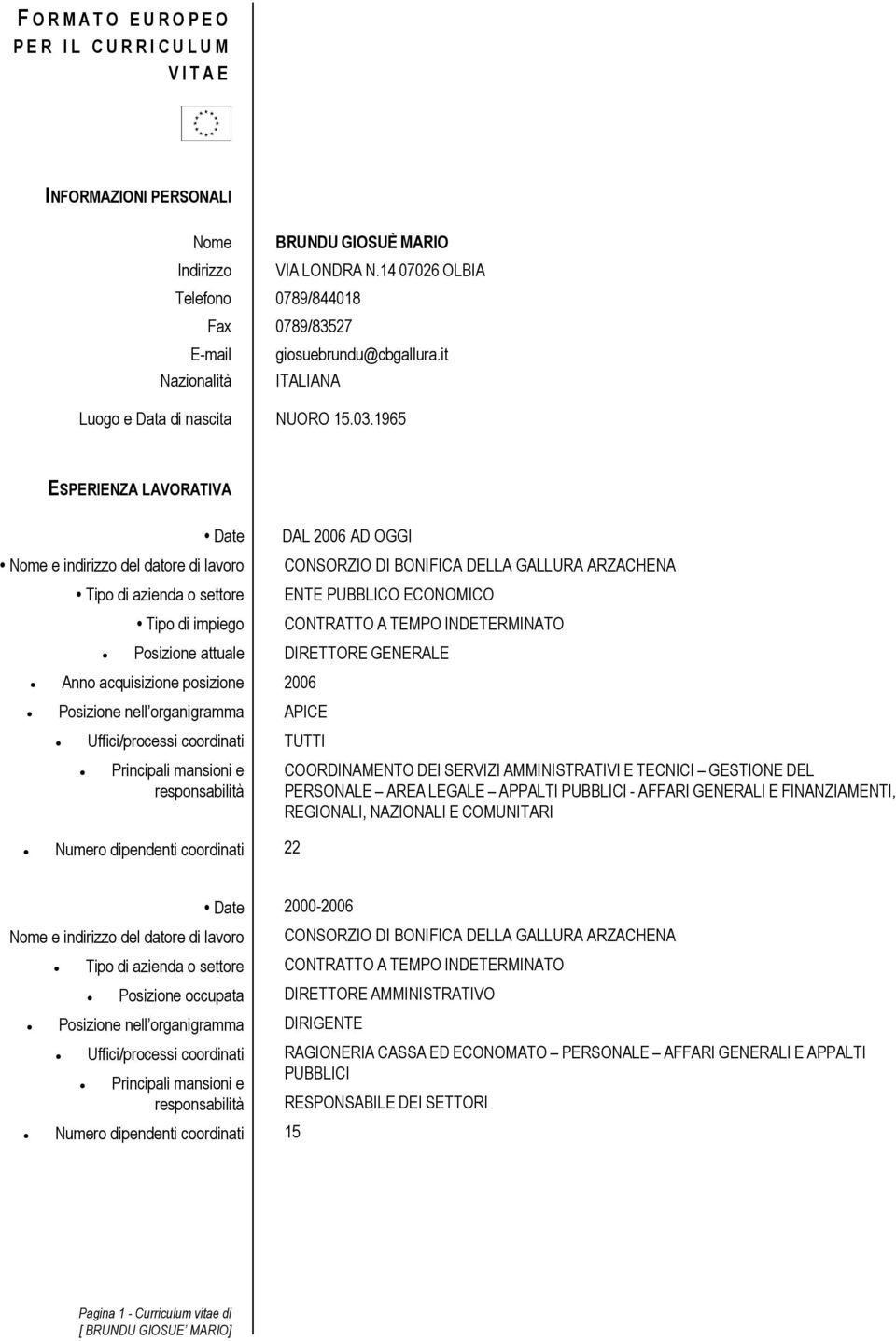 1965 ESPERIENZA LAVORATIVA Tipo di azienda o settore Tipo di impiego Posizione attuale Anno acquisizione posizione DAL 2006 AD OGGI CONSORZIO DI BONIFICA DELLA GALLURA ARZACHENA ENTE PUBBLICO