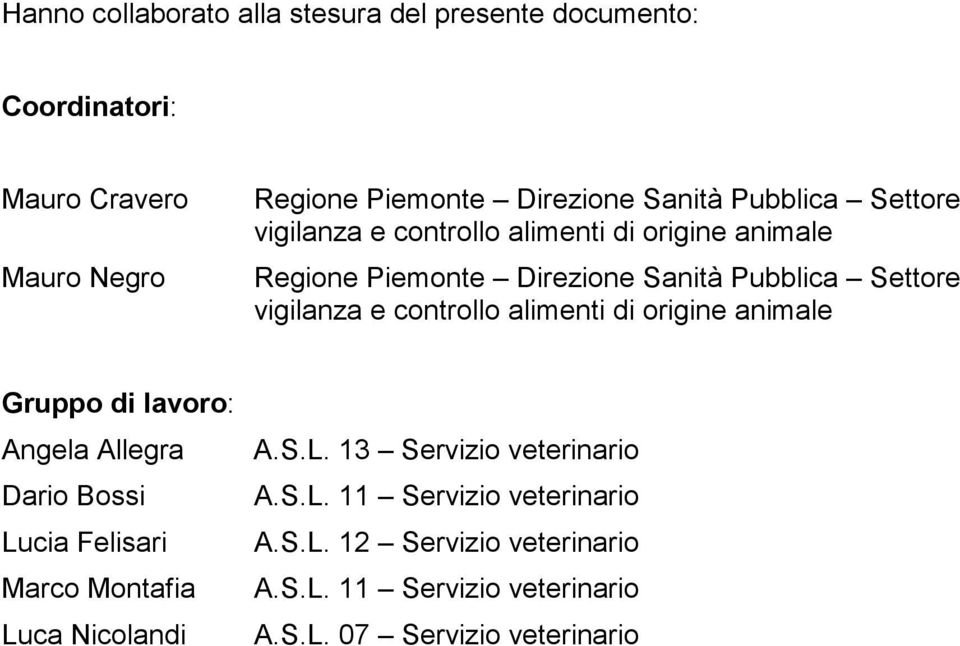 controllo alimenti di origine animale Gruppo di lavoro: Angela Allegra Dario Bossi Lucia Felisari Marco Montafia Luca Nicolandi A.S.L. 13 Servizio veterinario A.