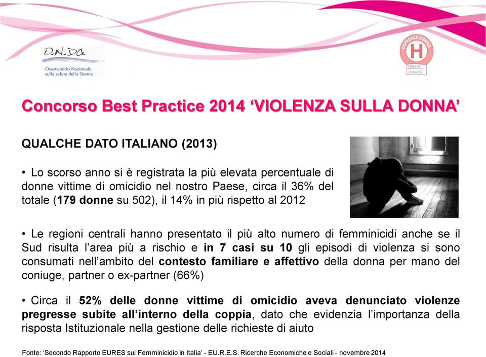 ambito del contesto familiare e affettivo della donna per mano del coniuge, partner o ex-partner (66%) Circa il 52% delle donne vittime di omicidio aveva denunciato violenze pregresse subite all