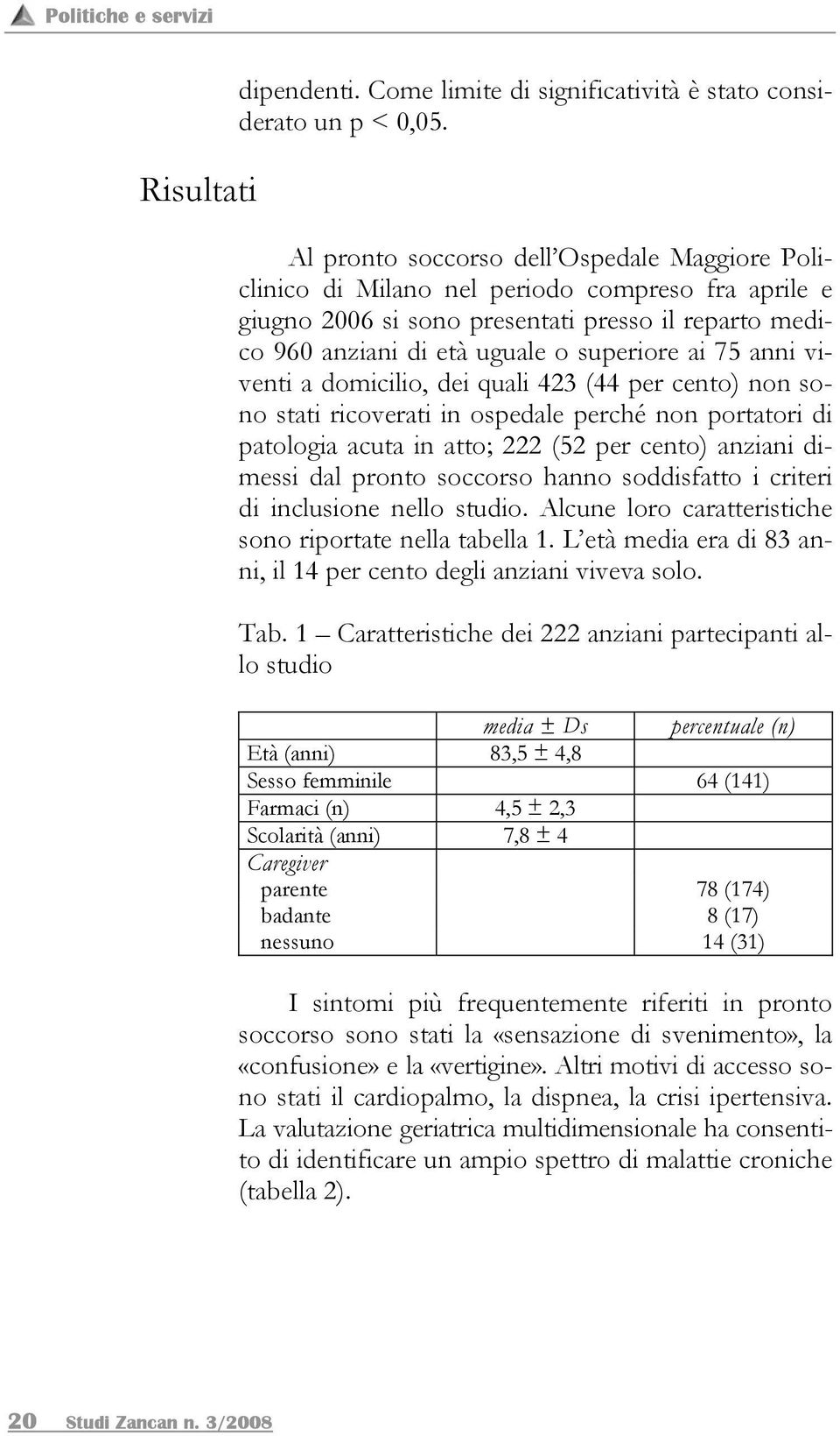 anni viventi a domicilio, dei quali 423 (44 per cento) non sono stati ricoverati in ospedale perché non portatori di patologia acuta in atto; 222 (52 per cento) anziani dimessi dal pronto soccorso