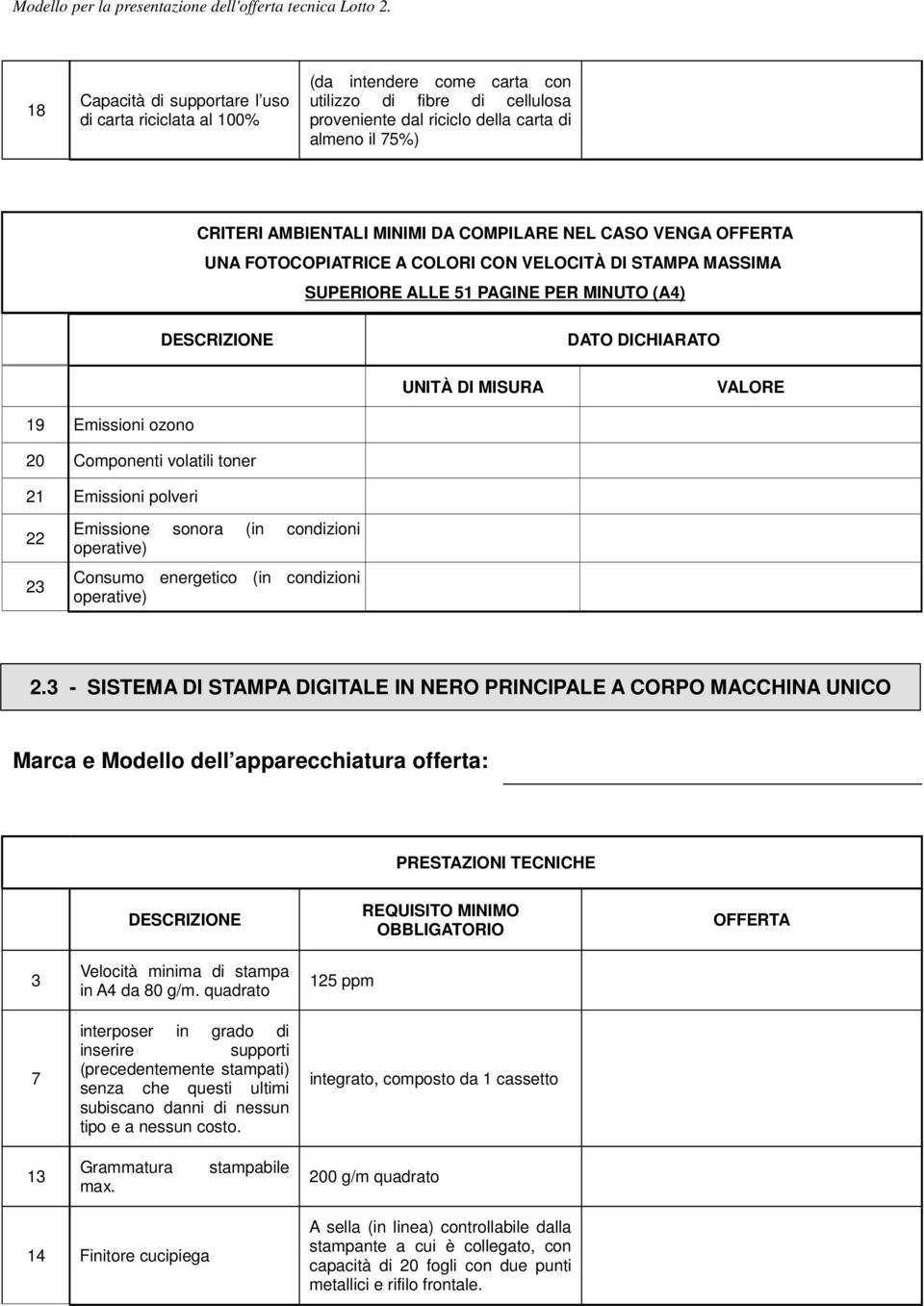 23 Emissione sonora (in condizioni 2.3 - SISTEMA DI STAMPA DIGITALE IN NERO PRINCIPALE A CORPO MACCHINA UNICO PRESTAZIONI TECNICHE 3 7 13 Velocità minima di stampa in A4 da 80 g/m.