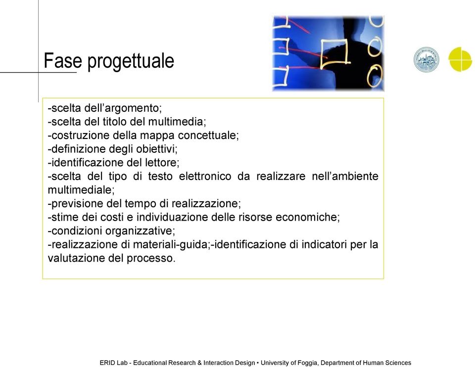 ambiente multimediale; -previsione del tempo di realizzazione; -stime dei costi e individuazione delle risorse