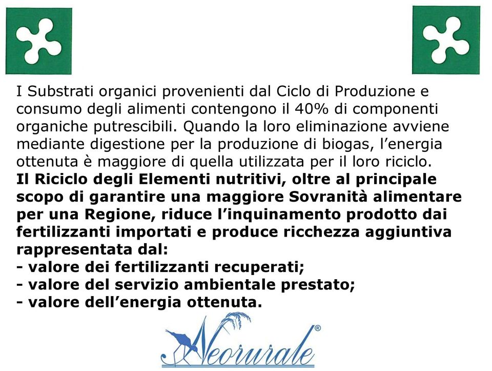 Il Riciclo degli Elementi nutritivi, oltre al principale scopo di garantire una maggiore Sovranità alimentare per una Regione, riduce l inquinamento prodotto