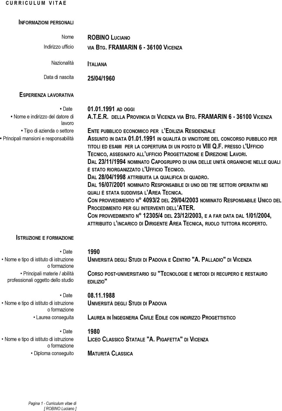 01.1991 AD OGGI A.T.E.R. DELLA PROVINCIA DI VICENZA VIA BTG. FRAMARIN 6-36100 VICENZA ENTE PUBBLICO ECONOMICO PER L EDILIZIA RESIDENZIALE ASSUNTO IN DATA 01.01.1991 IN QUALITÀ DI VINCITORE DEL CONCORSO PUBBLICO PER TITOLI ED ESAMI PER LA COPERTURA DI UN POSTO DI VIII Q.