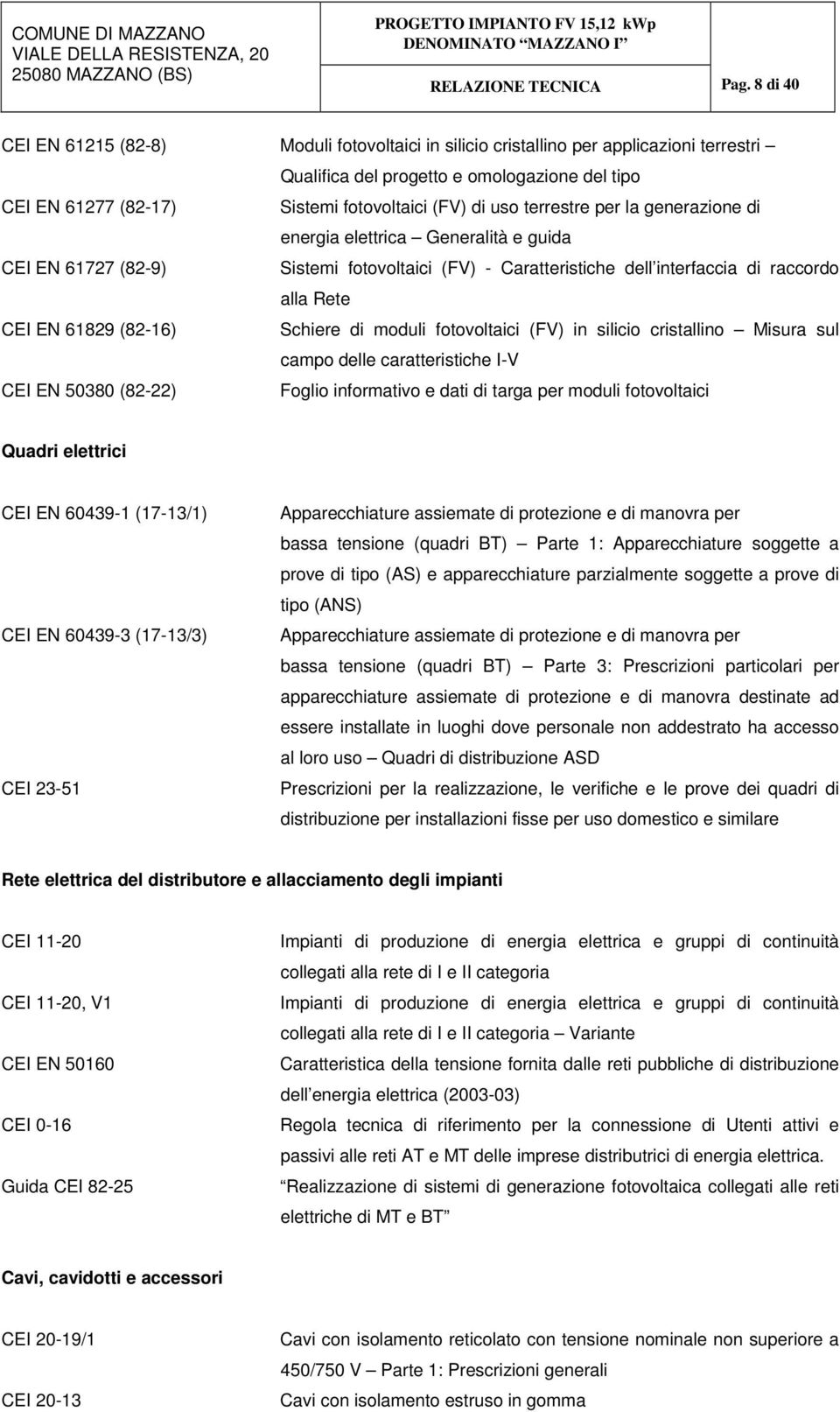 Schiere di moduli fotovoltaici (FV) in silicio cristallino Misura sul campo delle caratteristiche I-V CEI EN 50380 (82-22) Foglio informativo e dati di targa per moduli fotovoltaici Quadri elettrici