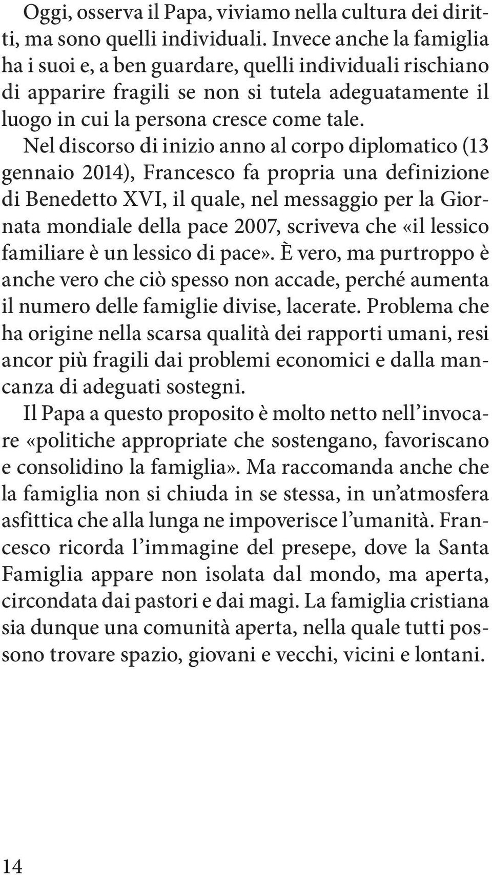 Nel discorso di inizio anno al corpo diplomatico (13 gennaio 2014), Francesco fa propria una definizione di Benedetto XVI, il quale, nel messaggio per la Giornata mondiale della pace 2007, scriveva