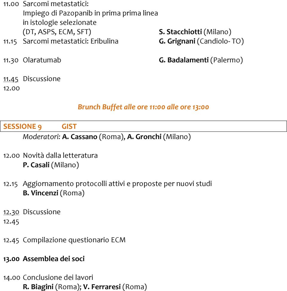 00 Brunch Buffet alle ore 11:00 alle ore 13:00 SESSIONE 9 GIST Moderatori: A. Cassano (Roma), A. Gronchi (Milano) 12.00 Novità dalla letteratura P. Casali (Milano) 12.