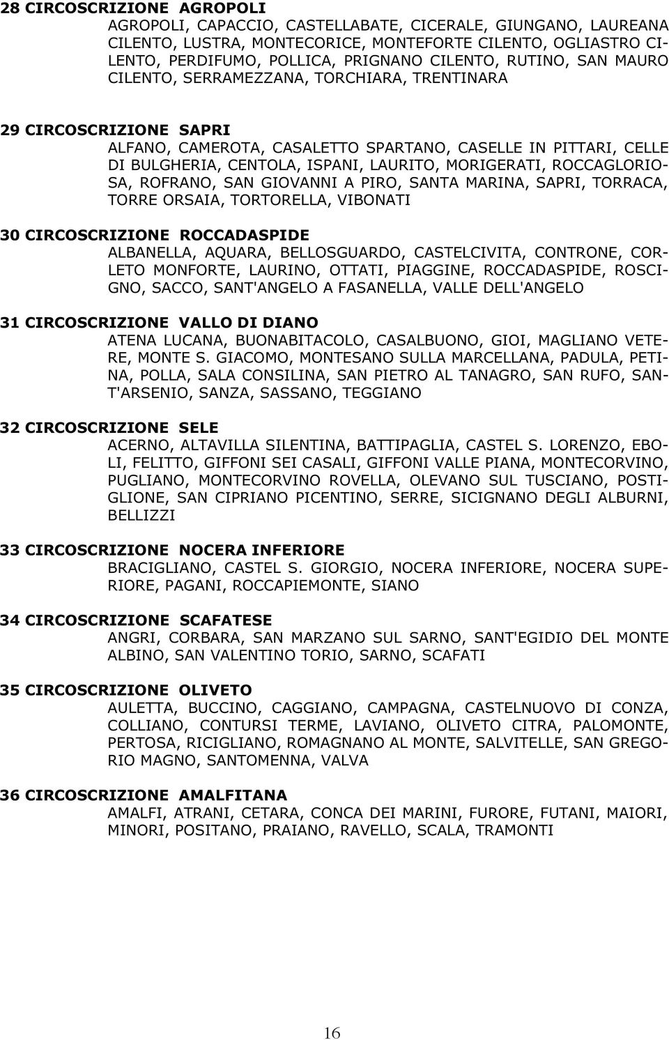 SPARTANO, CASELLE IN PITTARI, CELLE DI BULGHERIA, CENTOLA, ISPANI, LAURITO, MORIGERATI, ROCCAGLORIO- SA, ROFRANO, SAN GIOVANNI A PIRO, SANTA MARINA, SAPRI, TORRACA, TORRE ORSAIA, TORTORELLA, VIBONATI