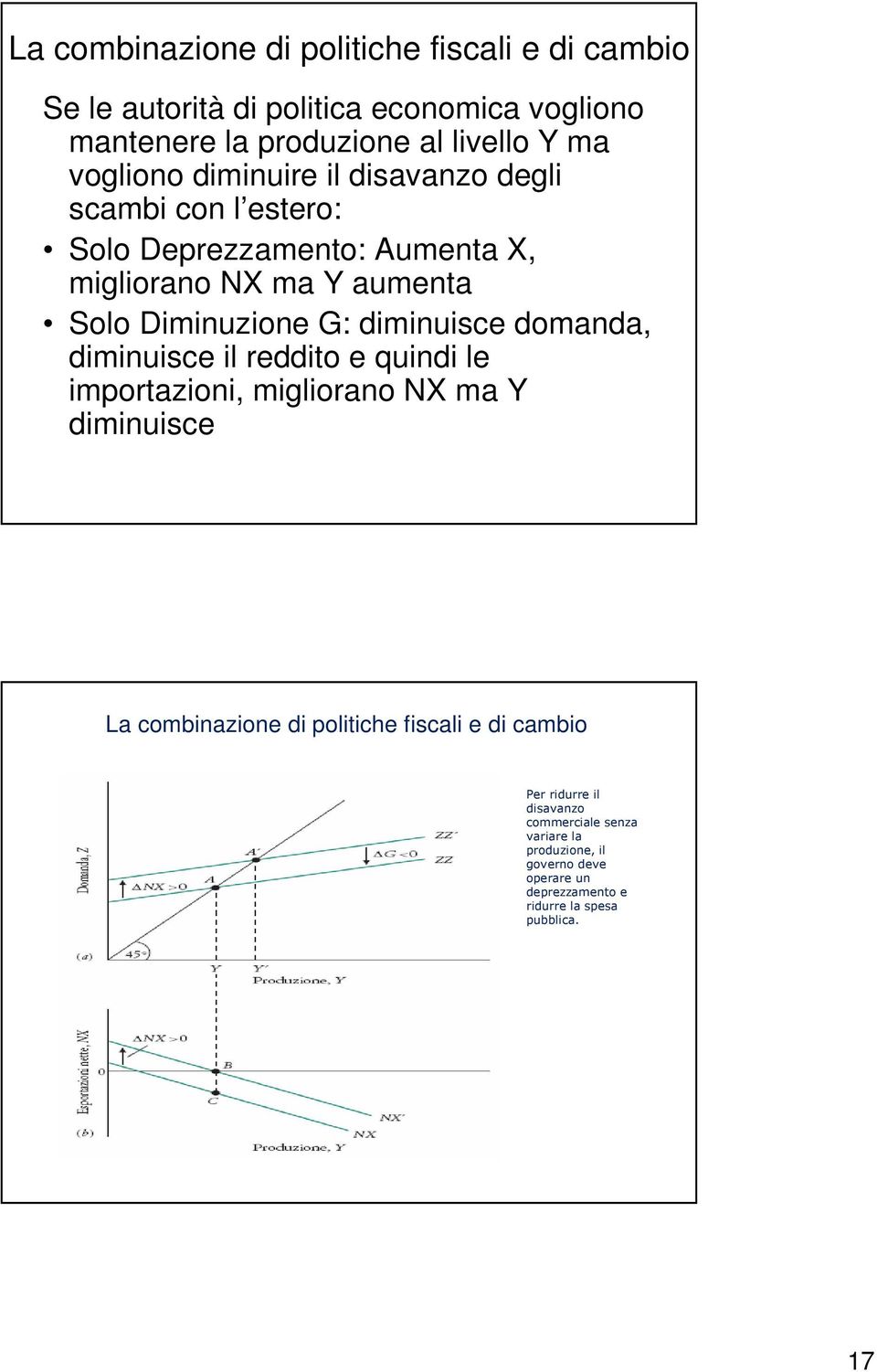 diminuisce domanda, diminuisce il reddito e quindi le importazioni, migliorano NX ma Y diminuisce La combinazione di politiche fiscali e di