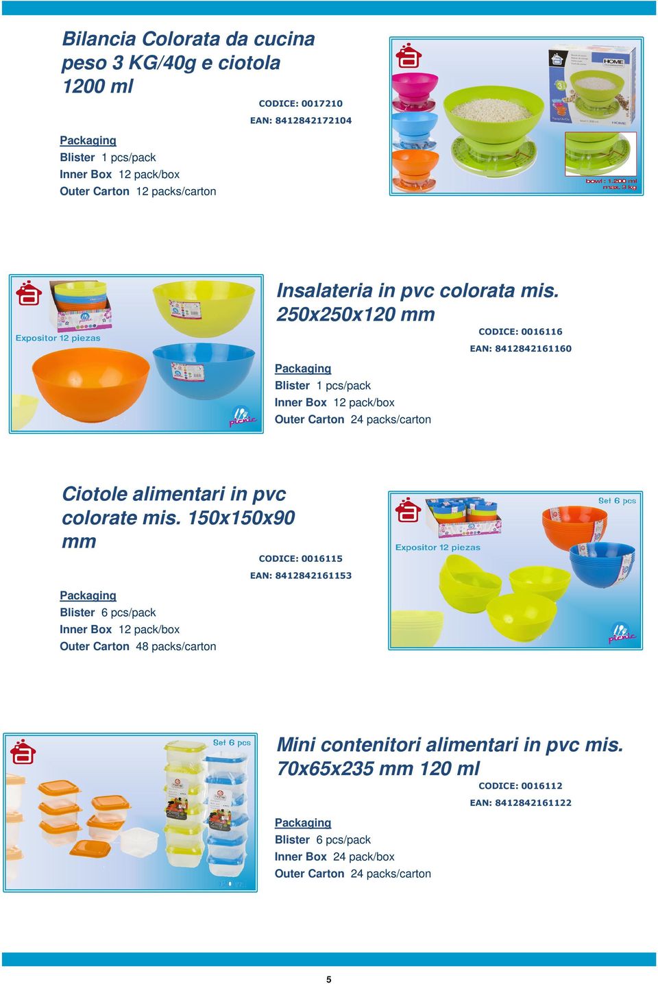 250x250x120 mm CODICE: 0016116 EAN: 8412842161160 Ciotole alimentari in pvc colorate mis.