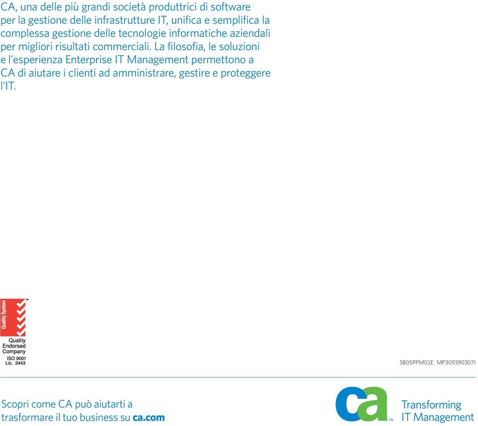 La filosofia, le soluzioni e l'esperienza Enterprise IT Management permettono a CA di aiutare i clienti ad