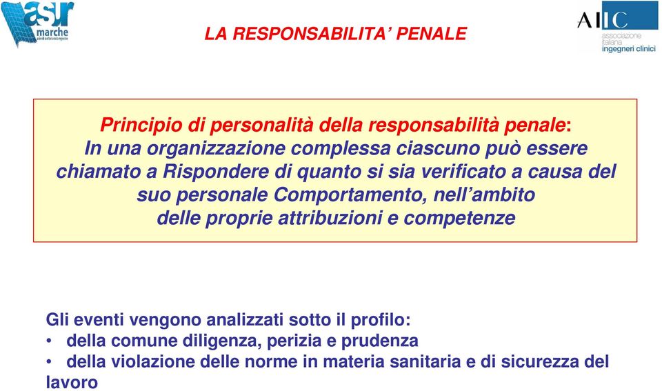 Comportamento, nell ambito delle proprie attribuzioni e competenze Gli eventi vengono analizzati sotto il