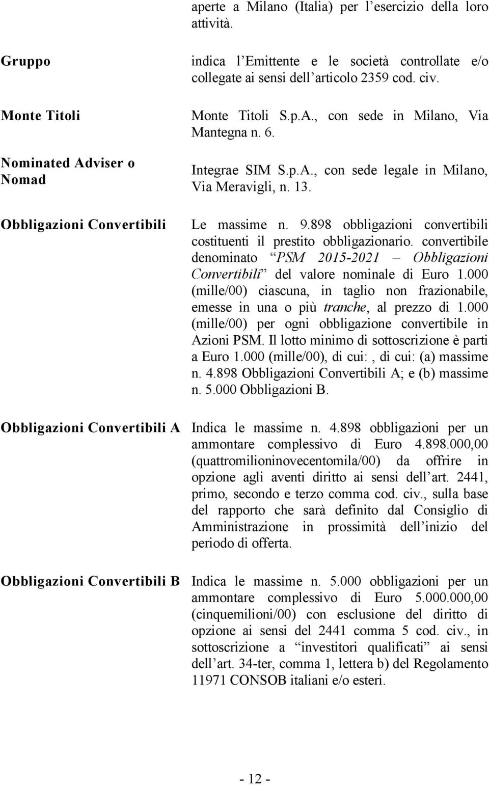 6. Integrae SIM S.p.A., con sede legale in Milano, Via Meravigli, n. 13. Le massime n. 9.898 obbligazioni convertibili costituenti il prestito obbligazionario.