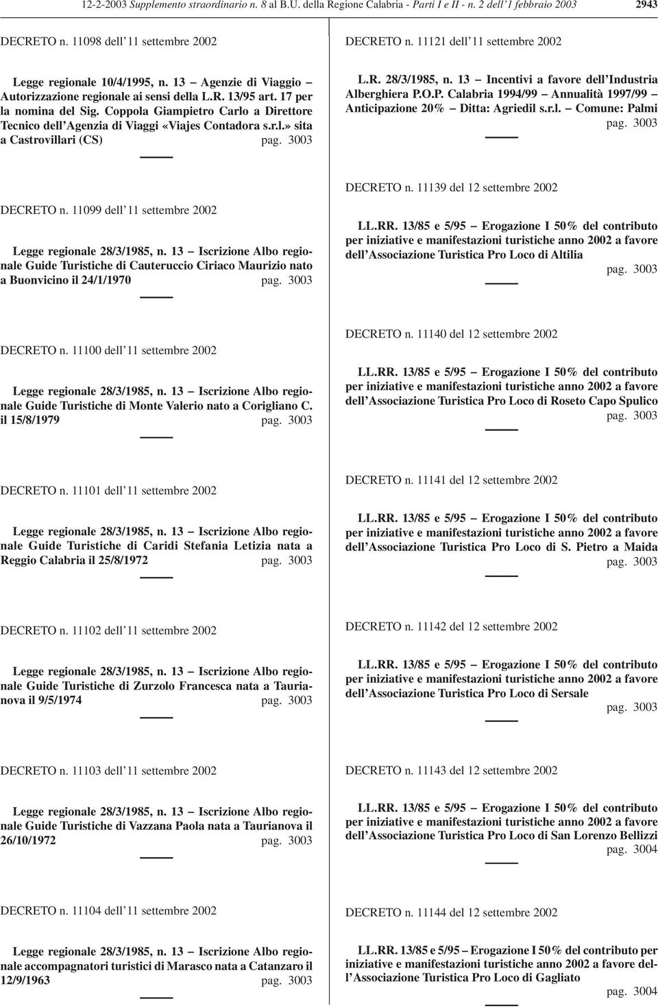 Coppola Giampietro Carlo a Direttore Tecnico dell Agenzia di Viaggi «Viajes Contadora s.r.l.» sita a Castrovillari (CS) pag. 3003 L.R. 28/3/1985, n. 13 Incentivi a favore dell Industria Alberghiera P.