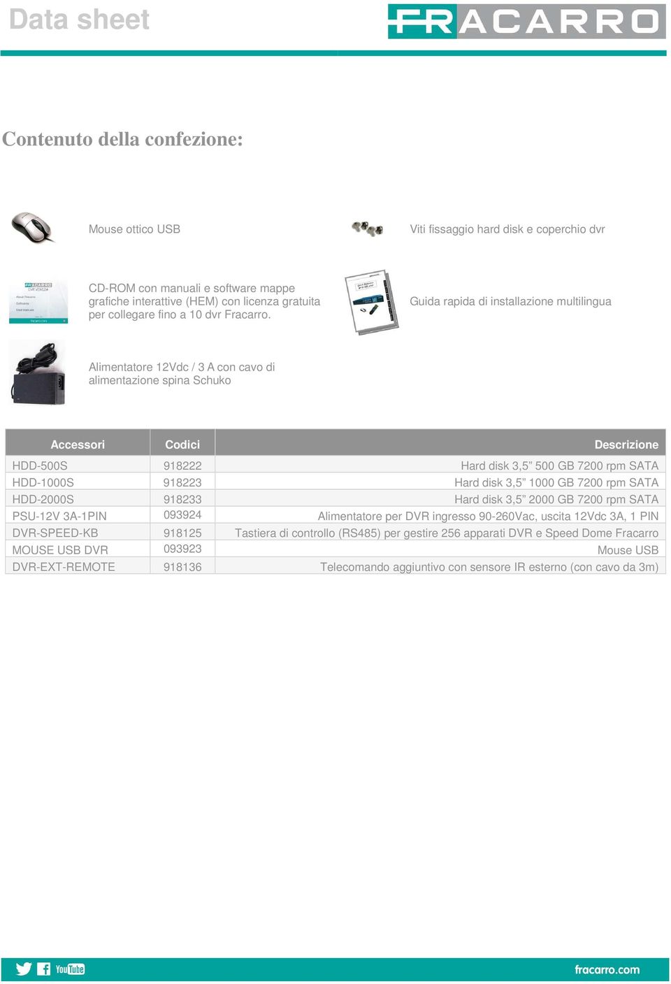 Guida rapida di installazione multilingua Alimentatore 12Vdc / 3 A con cavo di alimentazione spina Schuko Accessori Codici Descrizione HDD-500S 918222 Hard disk 3,5 500 GB 7200 rpm SATA HDD-1000S