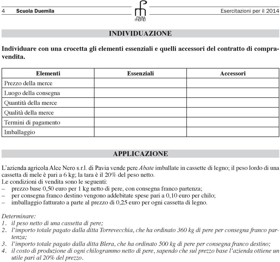 Le condizioni di vendita sono le seguenti: prezzo base 0,50 euro per 1 kg netto di pere, con consegna franco partenza; per consegna franco destino vengono addebitate spese pari a 0,10 euro per chilo;