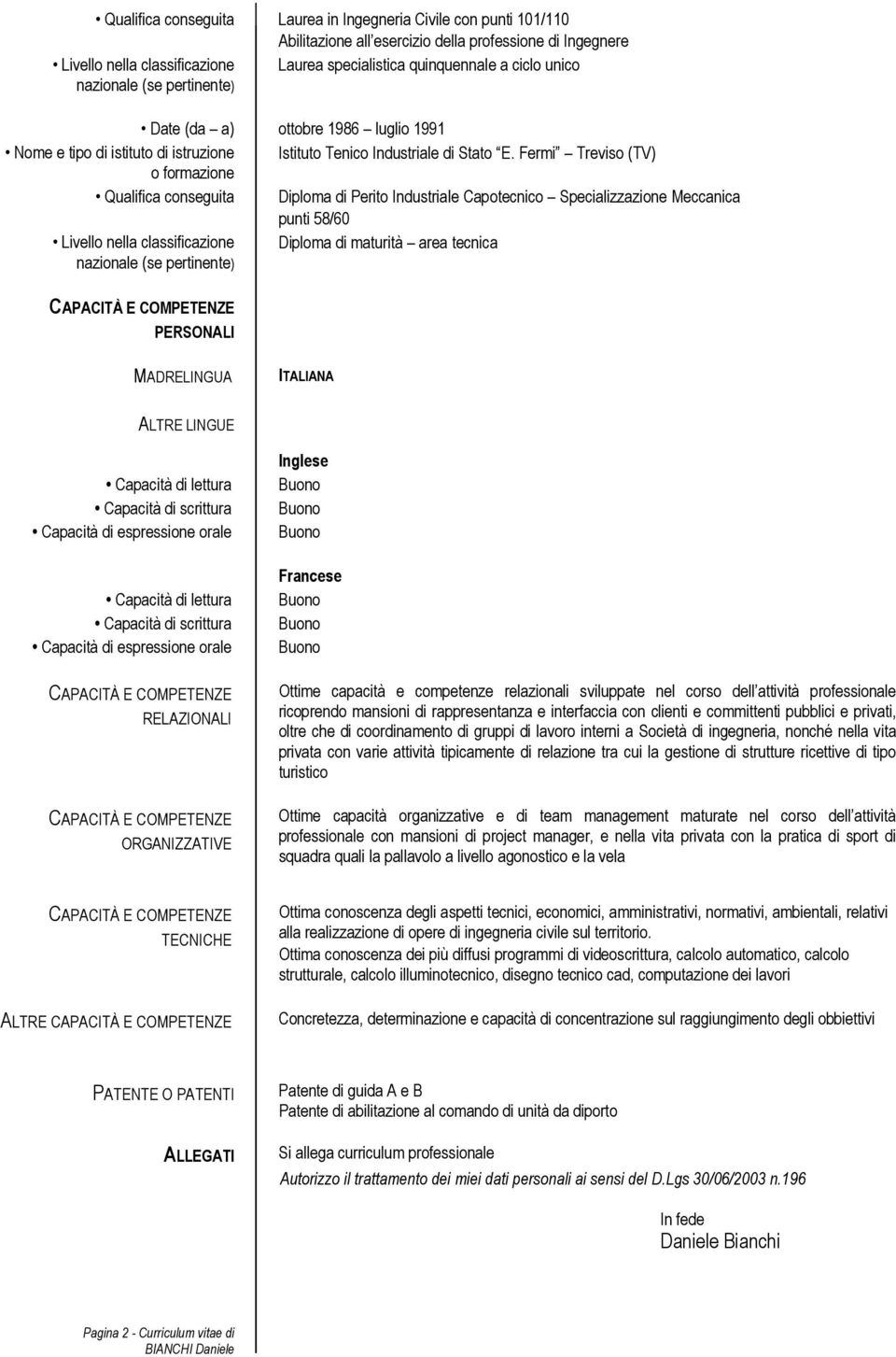 Fermi Treviso (TV) o formazione Qualifica conseguita Diploma di Perito Industriale Capotecnico Specializzazione Meccanica punti 58/60 Livello nella classificazione Diploma di maturità area tecnica