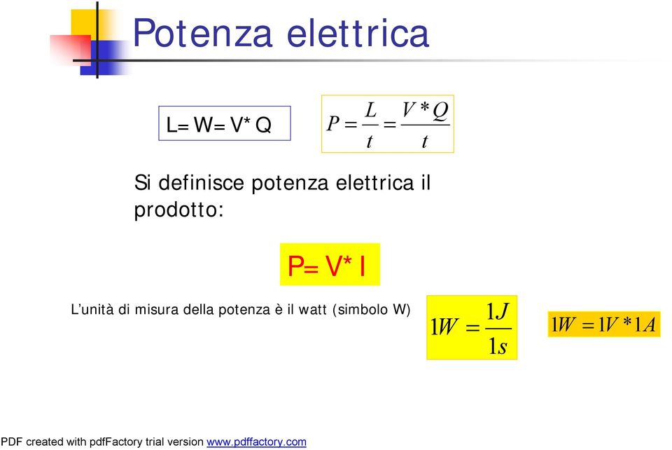 P=V*I L unità di misura della potenza è il