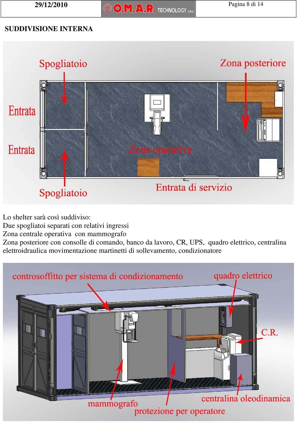 Zona posteriore con consolle di comando, banco da lavoro, CR, UPS, quadro