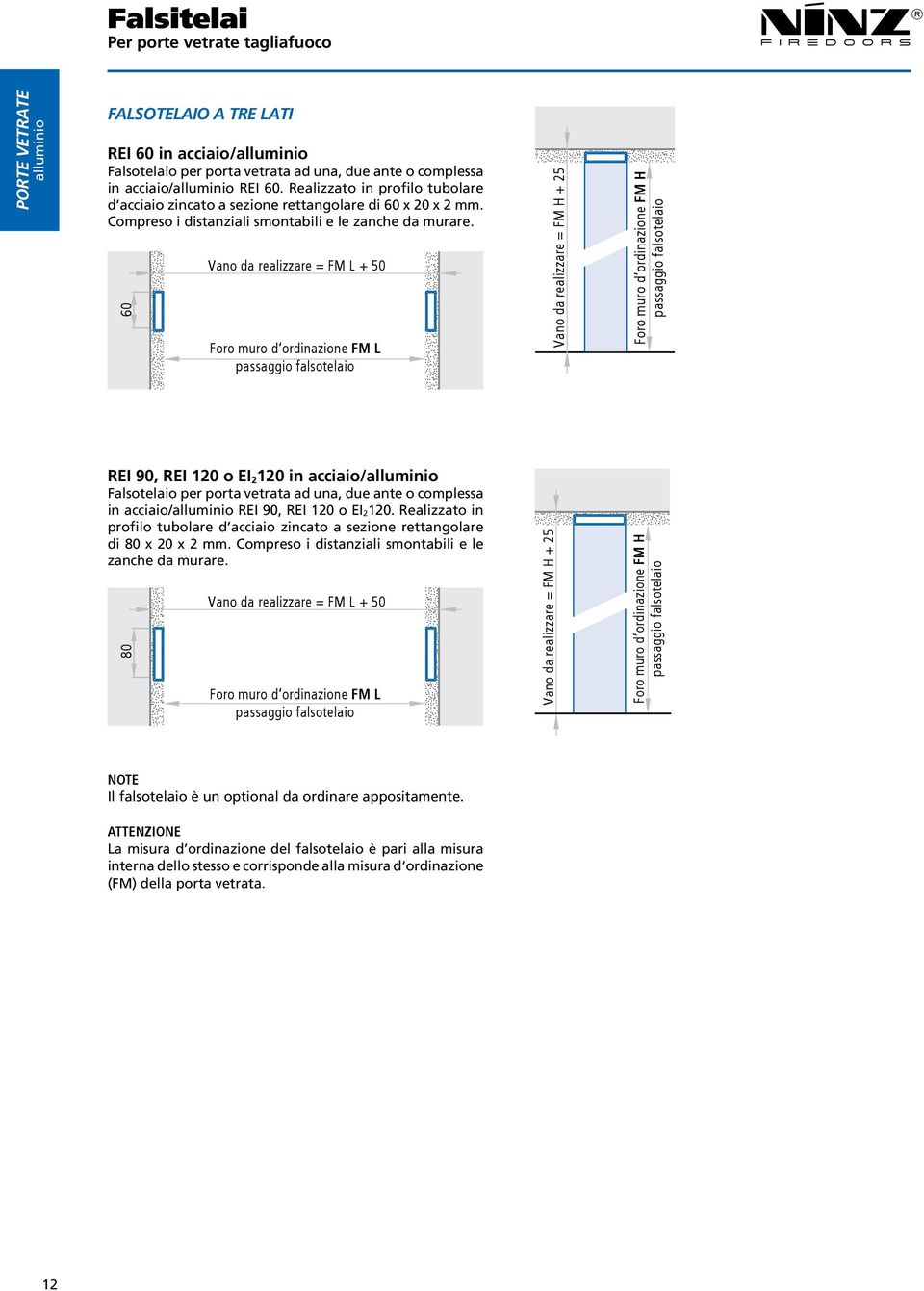 60 Vano da realizzare = FM L + 50 Foro muro d ordinazione FM L passaggio falsotelaio Vano da realizzare = FM H + Foro muro d ordinazione FM H passaggio falsotelaio REI 90, REI 120 o EI 2 120 in