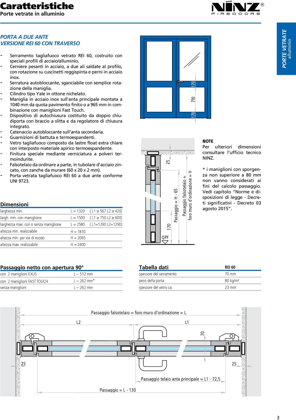 Cilindro tipo Yale in ottone nichelato. Maniglia in acciaio inox sull anta principale montata a 1040 mm da quota pavimento finito o a 965 mm in combinazione con maniglioni Fast Touch.