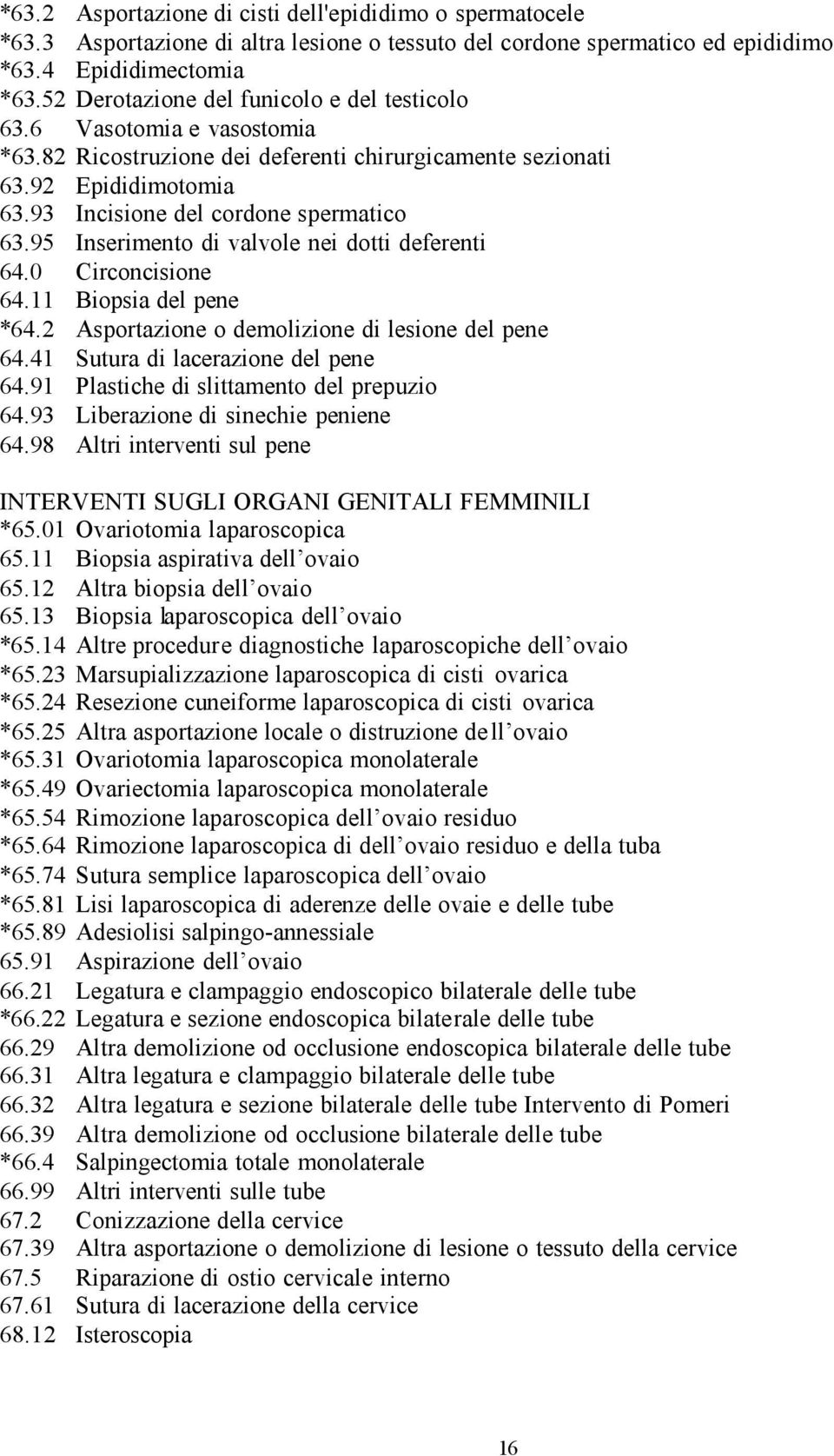 95 Inserimento di valvole nei dotti deferenti 64.0 Circoncisione 64.11 Biopsia del pene *64.2 Asportazione o demolizione di lesione del pene 64.41 Sutura di lacerazione del pene 64.