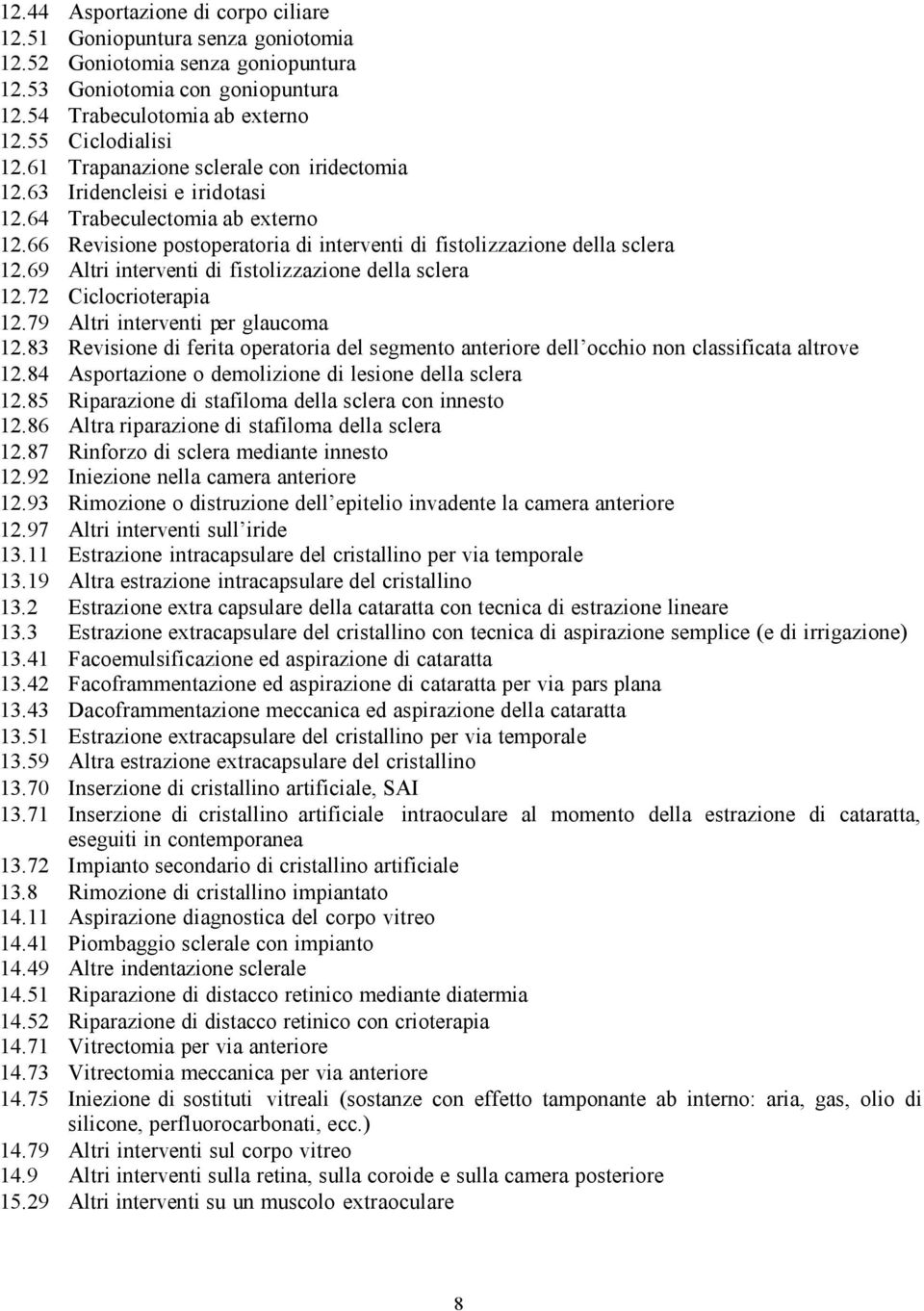 69 Altri interventi di fistolizzazione della sclera 12.72 Ciclocrioterapia 12.79 Altri interventi per glaucoma 12.