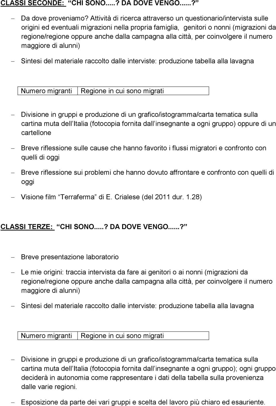 alla città, per coinvolgere il numero maggiore di alunni) Sintesi del materiale raccolto dalle interviste: produzione tabella alla lavagna Numero migranti Regione in cui sono migrati Divisione in