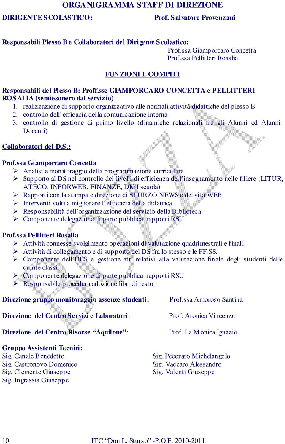 realizzazione di supporto organizzativo alle normali attività didattiche del plesso B 2. controllo dell efficacia della comunicazione interna 3.