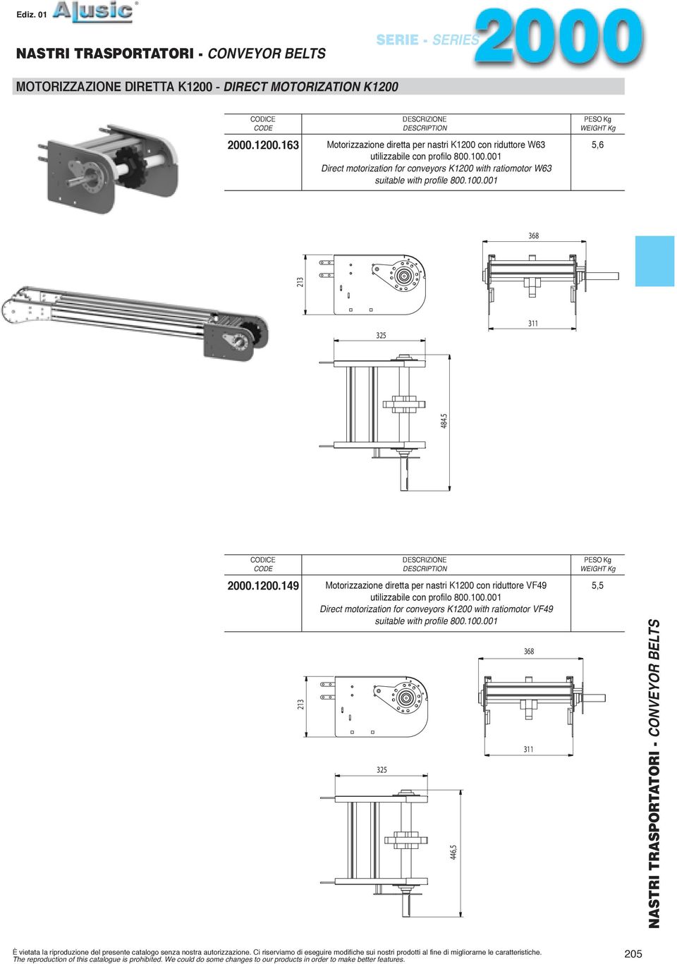 100.001 Direct motorization for conveyors K1200 with ratiomotor VF49 suitable with profile 800.100.001 446,5 368 311 5,5 È vietata la riproduzione del presente catalogo senza nostra autorizzazione.