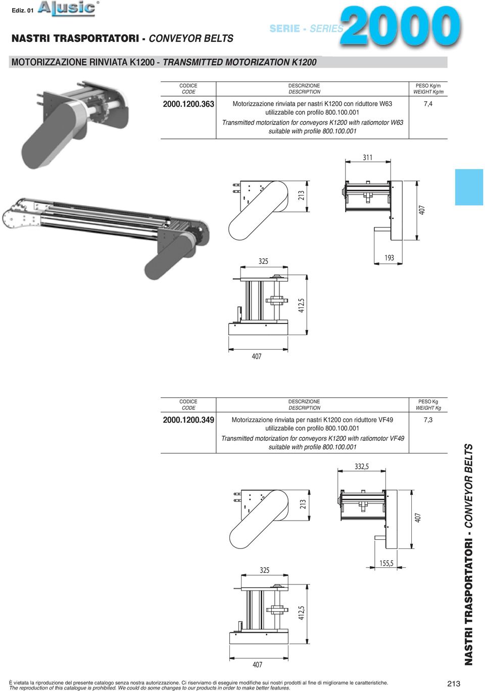 100.001 Transmitted motorization for conveyors K1200 with ratiomotor VF49 suitable with profile 800.100.001 412,5 332,5 155,5 7,3 È vietata la riproduzione del presente catalogo senza nostra autorizzazione.