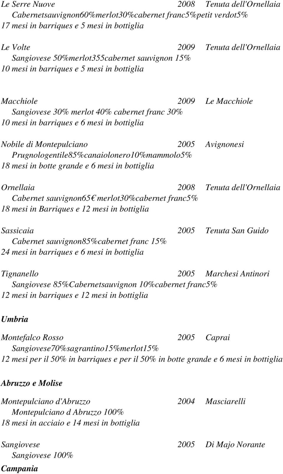 Nobile di Montepulciano 2005 Avignonesi Prugnologentile85%canaiolonero10%mammolo5% 18 mesi in botte grande e 6 mesi in bottiglia Ornellaia 2008 Tenuta dell'ornellaia Cabernet sauvignon65